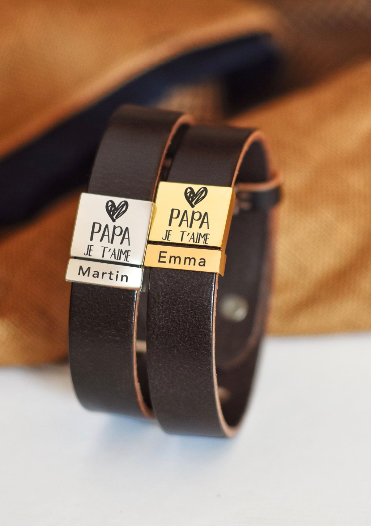deux bracelets en cuir papa je t'aime avec prénom