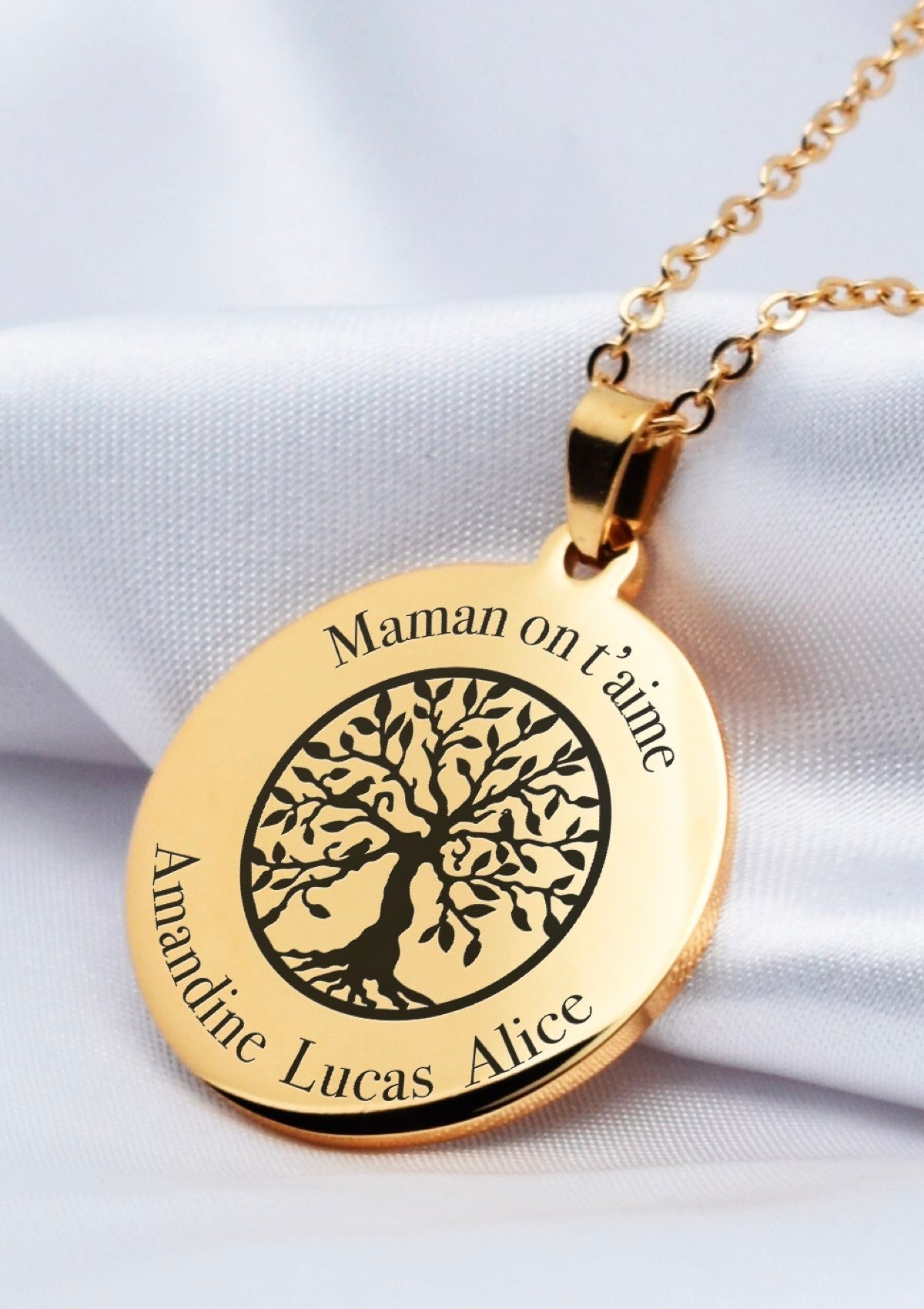 collier personnalisé arbre de vie maman on t'aime doré