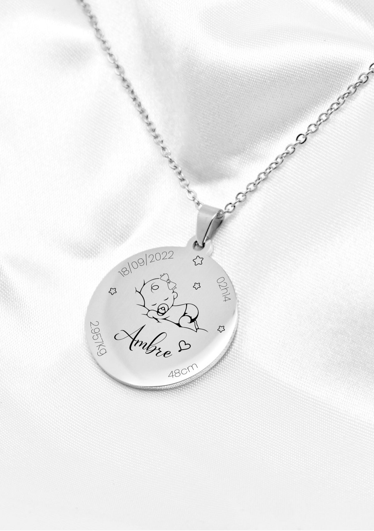 Collier de naissance personnalisé bébé d'amour argenté