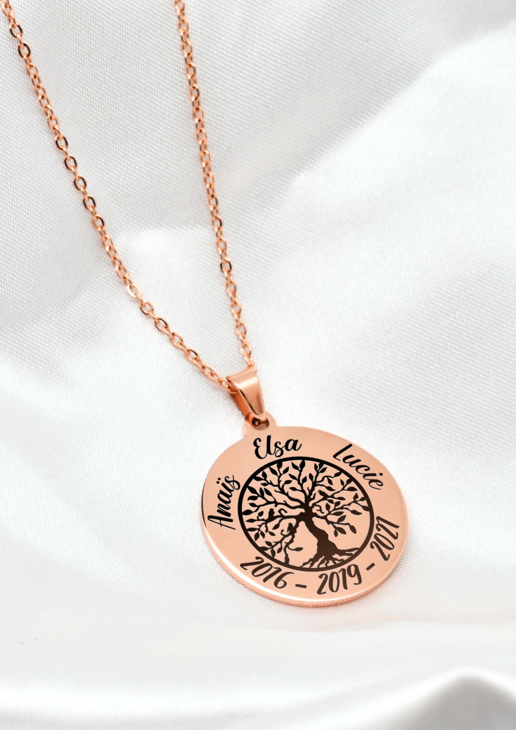 collier rose doré arbre de vie personnalisé